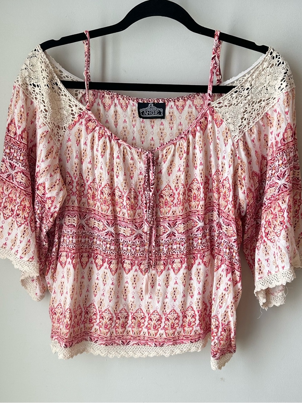 Angie Boho Paisley Peasant Blouse Crochet Lace Trim Bell Sleeve Fairycore Y2K